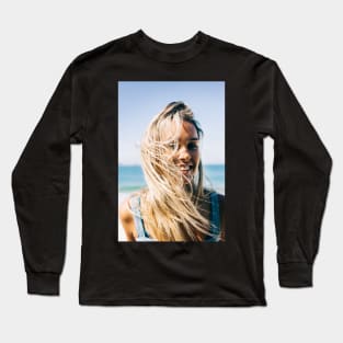 Young Pretty Blond Girl - Beach Portrait on Windy Morning Long Sleeve T-Shirt